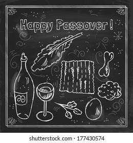 Jewish holiday Passover doodles symbols on chalkboard. Vector illustration