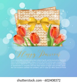 Jewish holiday Passover greeting card design with matzo and tulip flowers. Realistic vector illustration