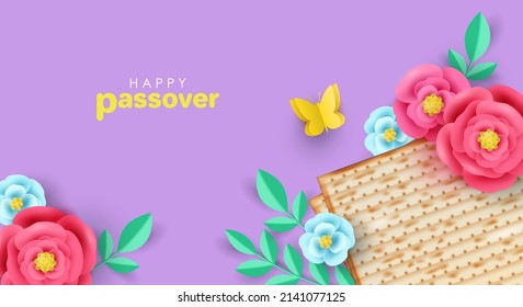 Jewish holiday Passover modern banner design with matzah and paper art flowers. Modern holiday template for web banner, greeting card, advertising sale poster