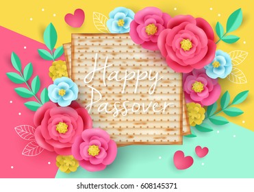 Jewish holiday Passover modern banner design with matzo and paper art flowers. Realistic vector illustration