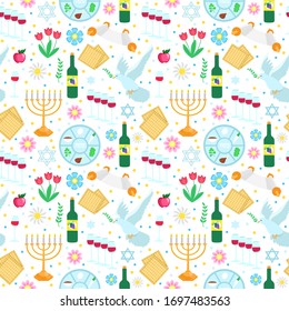 Jewish holiday Passover seamless pattern with with floral decoration, matzo. vector illustration