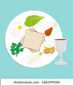 Jewish holiday of Passover, Passover seder plate, holiday symbolic foods, symbols of Pesach, matzah - Pesach unleavened bread and wine cup, greeting card