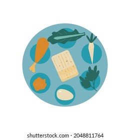 Jewish holiday of Passover, Passover seder plate, holiday symbolic foods, symbols of Pesach. Vector illustration. 