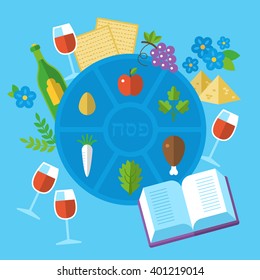 Jewish holiday Passover seder plate with flat stylish icons. Isolated vector illustration