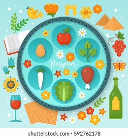 Jewish holiday Passover seder plate and traditional symbols for graphic and web design. Vector illustration