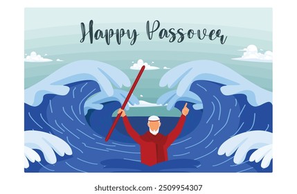 Jewish holiday Pesach. Moses parted the Red Sea. Passover Day concept. Flat vector illustration.