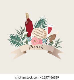 Jewish holiday Pesach, Passover greeting card. Hand drawn ribbon banner with bottle of wine, matzo bread, palm leaves, olive branches and flowers. Kosher food and drink. Vector illustration background