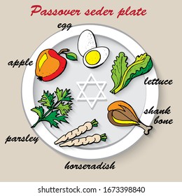 Jewish holiday Pesach, Passover seder plate with  traditional food- egg, lettuce, shank bone, horseradish, parsley, apple  vector illustration
