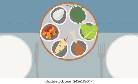 Fiesta judía Pesaj, plato de séder de Pascua con comida tradicional- huevo, lechuga, hueso de vástago, perejil, Ilustración vectorial de manzana