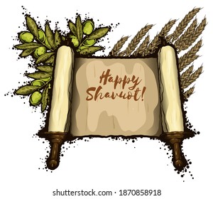 Jewish holiday. Place for text. Background for placing the inscription of the torus with olive branches and barley. The isolated object on a white background.