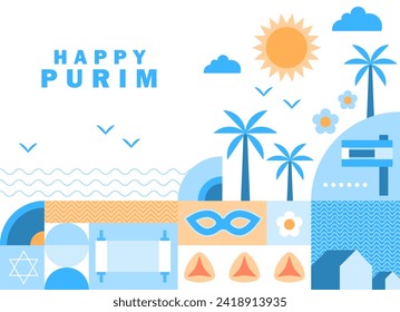 Jewish holiday, Purim background, banner, flat geometric style. Day of Purim Holiday. Purim concept design