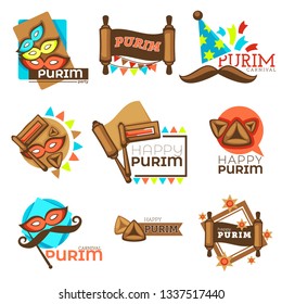 Jewish holiday Purim carnival isolated icons mask and mustache vector paper scrolls festive cone hats and Davis star emblems or logo religious event Jew culture and tradition masquerade celebration