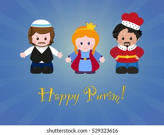 Jewish holiday of Purim. Esther, Mordecai and Achashverosh, vector illustration of fun characters in cartoon style. EPS 10  