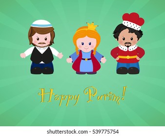 Jewish Holiday Of Purim. Esther, Mordecai And Achashverosh, Vector Illustration Of Fun Characters In Cartoon Style.