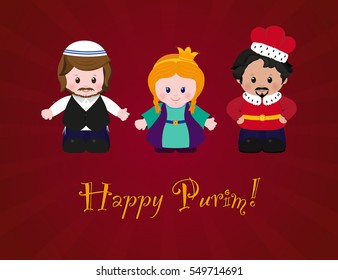 Jewish holiday of Purim. Esther, Mordecai and Achashverosh, vector illustration of fun characters in cartoon style on dark red background.