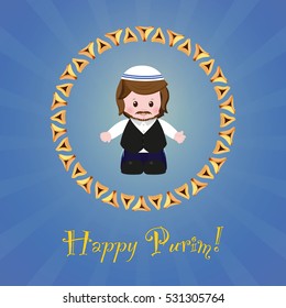 Jewish holiday of Purim. Greeting card with Mordecai, Happy Purim. Vector illustration of fun characters in cartoon style on blue background.