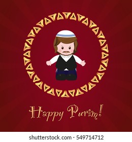 Jewish holiday of Purim. Greeting card with Mordecai, Happy Purim. Vector illustration of fun characters in cartoon style on dark red background.