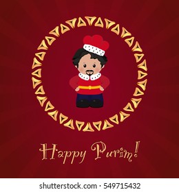 Jewish holiday of Purim. Greeting card with Achashverosh, Happy Purim. Vector illustration of fun characters in cartoon style on dark red background.