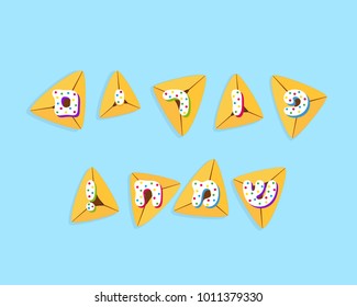 Jewish holiday of Purim, lettering on traditional hamantash cookies, greeting inscription hebrew - Happy Purim