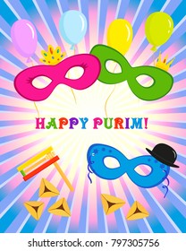 Jewish holiday of Purim, masks with traditional hamantash cookies, gragger noise maker and balloons, greeting inscription - Happy Purim on rays background