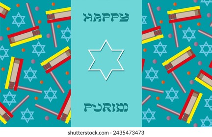 The Jewish holiday of Purim.    Pattern with gragger, Star of David and confetti. Design of poster, booklet, greeting card, for website, cover.