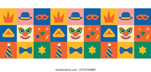 Jewish holiday Purim seamless border. Geometric pattern with clown, masquerade mask, confetti, crown and star of David. Vector illustration for holiday design