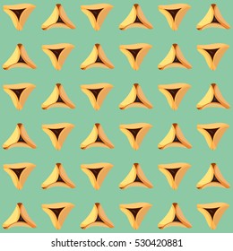 Jewish holiday of Purim, seamless pattern with traditional hamantaschen cookies, oznei haman. Vector illustration