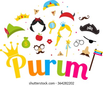 Jewish holiday Purim set of costume accessories. vector illustration