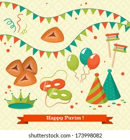 Jewish holiday Purim set of elements for design. Vector illustration