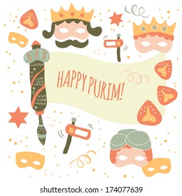 Jewish holiday Purim set of elements. Vector illustration