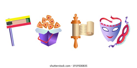 Jewish Holiday Purim,  Set Of Traditional Objects .Hamantashen cookies , Gragger ,Mask ,Torah scroll.