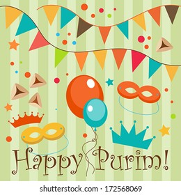Jewish holiday Purim set. Vector illustration. Happy Purim.