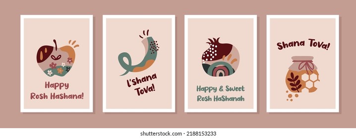 Jewish holiday Rosh Hashana, greeting card set in minimalistic style. traditional greetings. Pomegranate, apple , honey and flowers. Sweet and happy new year in Hebrew. Vector illustration