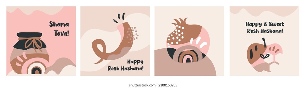 Jewish holiday Rosh Hashana, greeting card set in minimalistic style. Jewish traditional greetings. Pomegranate, apple , honey and flowers. Vector illustration