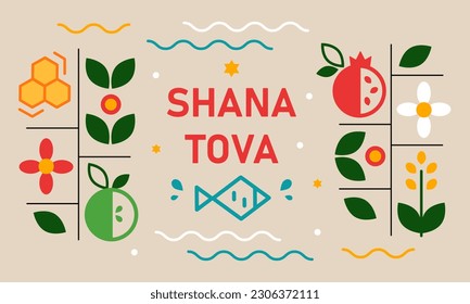 Jewish holiday Rosh Hashana, greeting card in minimalistic style. Jewish traditional greetings shana tova. Pomegranate, apple, fish, honey and flowers. Vector illustration