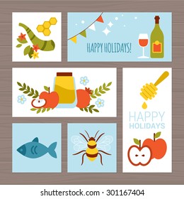 Jewish holiday Rosh Hashana (New Year) greeting card design with flat modern icons
