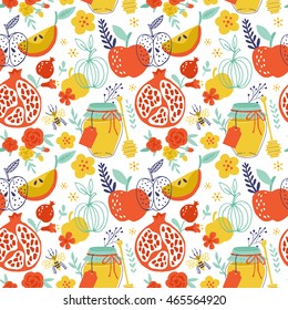 Jewish holiday Rosh Hashana seamless pattern design with apples, honey and pomegranate. Hand drawing vector illustration