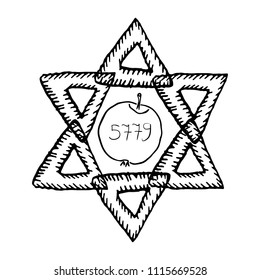 The Jewish holiday of Rosh HaShanah. The apple, 5779 year. The six-pointed star of David. Doodle, hand draw. Vector illustration