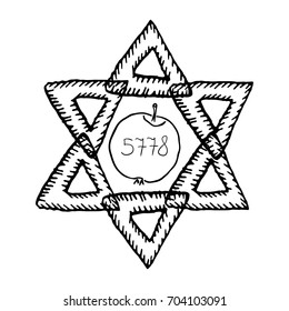 The Jewish holiday of Rosh HaShanah. The apple, 5778 year. The six-pointed star of David. Doodle, hand draw. Vector illustration.