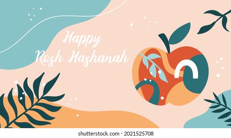 Jewish holiday Rosh Hashanah background template for social media, banner or poster design. Apple with abstract shapes creative concept.