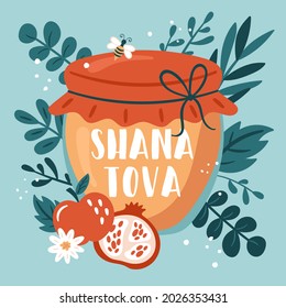 Jewish holiday Rosh Hashanah background template for social media, banner or poster design. Honey jar with apple, pomegranate and leaves.
