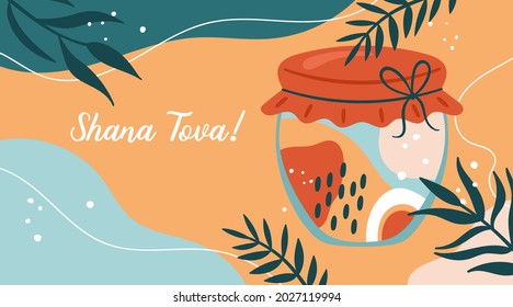 Jewish holiday Rosh Hashanah background template for social media, banner or poster design. Honey jar with abstract shapes creative concept.