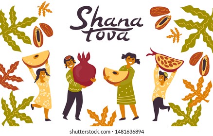 Jewish holiday Rosh Hashanah banner background design with family, pomegranates and apples and also Shana Tova (Happy New Year) lettering. Greetings and wishes to Rosh Hashanah vector illustration.