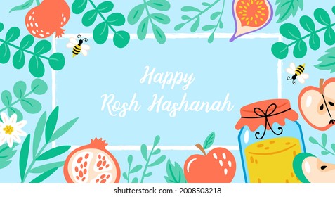 Jewish holiday Rosh Hashanah banner design with honey, apple and pomegranate. Greeting card template background. 