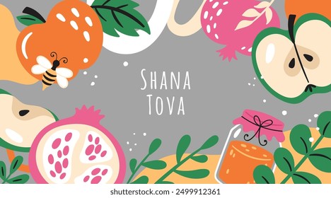 Jewish holiday Rosh Hashanah banner design with honey, apple and pomegranate. Greeting card template background. 