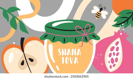 Jewish holiday Rosh Hashanah banner design with honey, apple and pomegranate. Greeting card template background. 