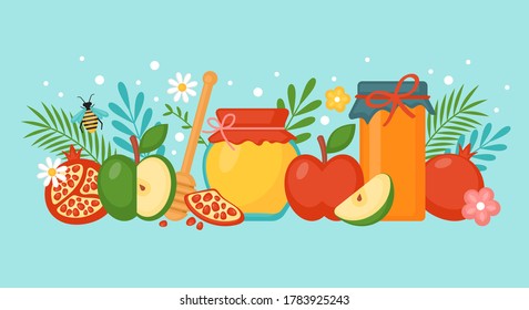 Jewish holiday rosh hashanah concept with honey, apple and pomegranate. Vector illustration