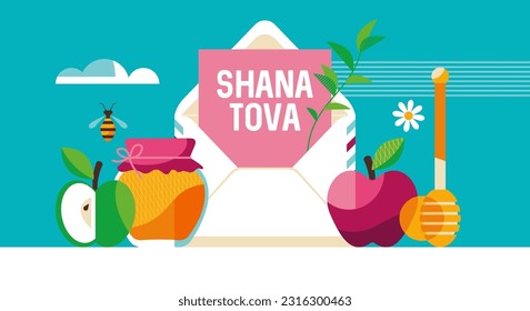 Jewish holiday Rosh Hashanah concept with envelope, honey jar and apples. Template for banner, poster or greeting card. Vector illustration 