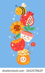 Feriado judeu Rosh Hashanah feriado bonito cartão design. Impressão infantil para convite, cartaz e banner