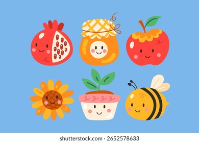 Feriado judeu Rosh Hashanah feriado bonito elementos set. Impressão infantil para cartões, cartazes e autocolantes